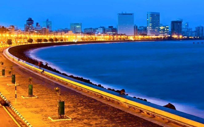 Marine Drive, Mumbai, 3.6-kilometre-long, It is a 'C'-shaped six-lane concrete road along the coast